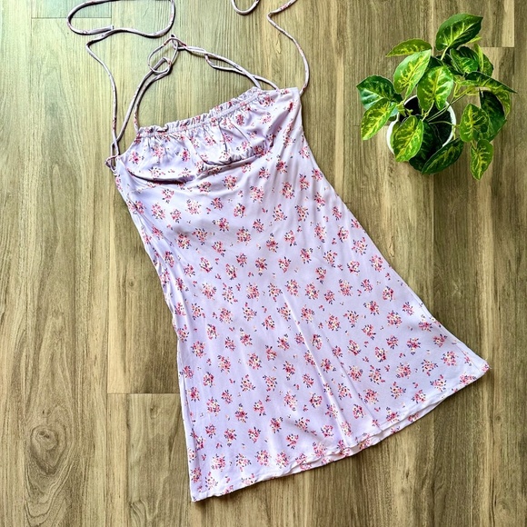 Zara Floral Print Satin Effect Slip Light Mauve Dress Backless Crisscross Size M - Picture 10 of 11